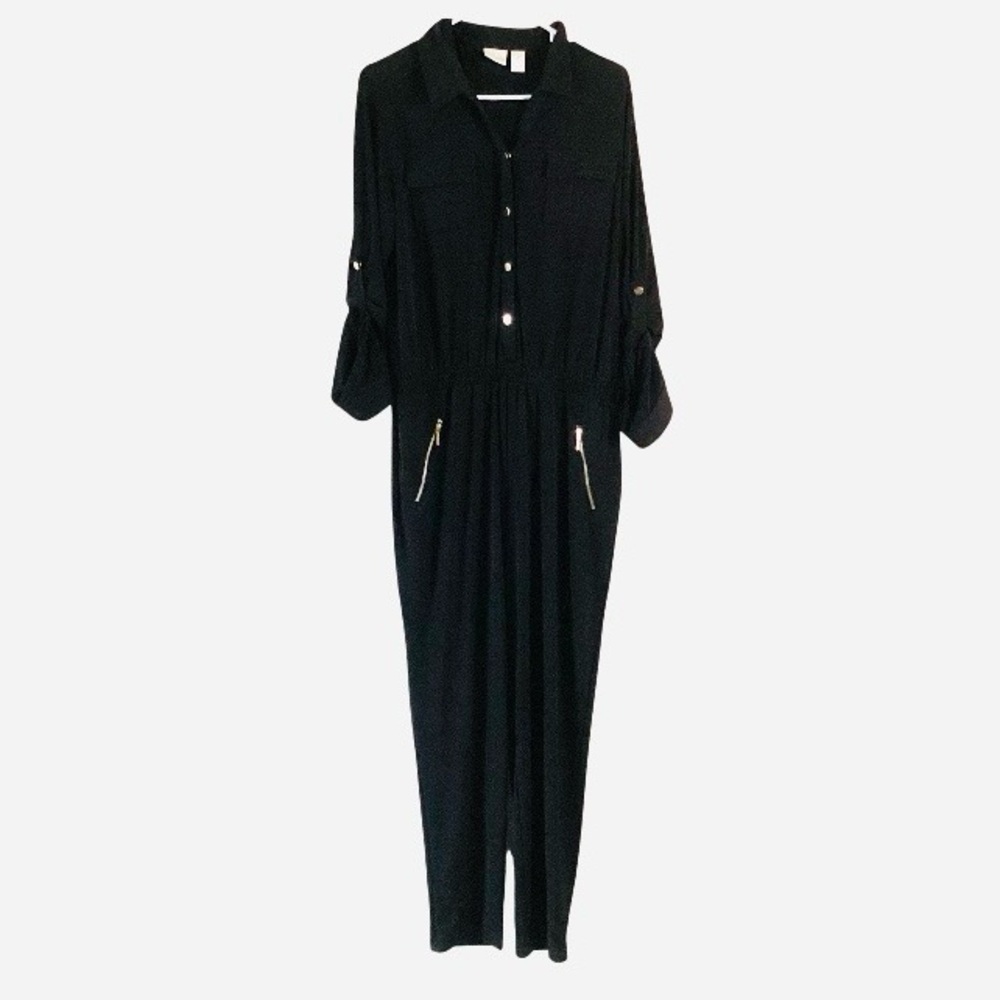 Chico’s Roll Tab Sleeves Gold Accent Jumpsuit Medium 8